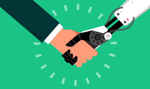 man and robot shaking hands
