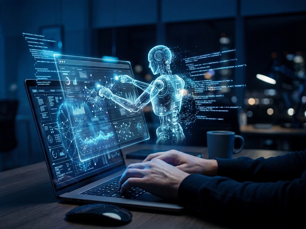 Person typing as AI agent takes over computer laptop