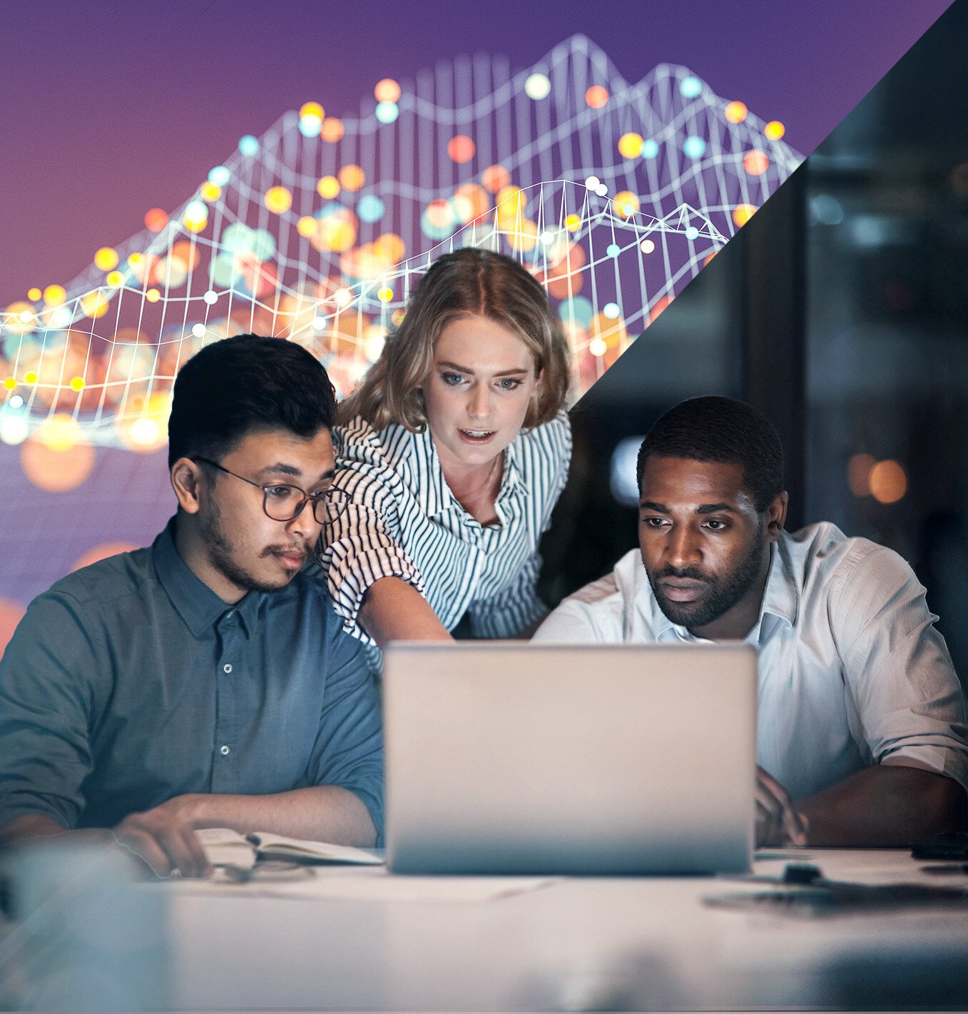 Three professionals of diverse backgrounds collaborating on a laptop, with a colorful data visualization graph featuring glowing nodes and connecting lines in the background