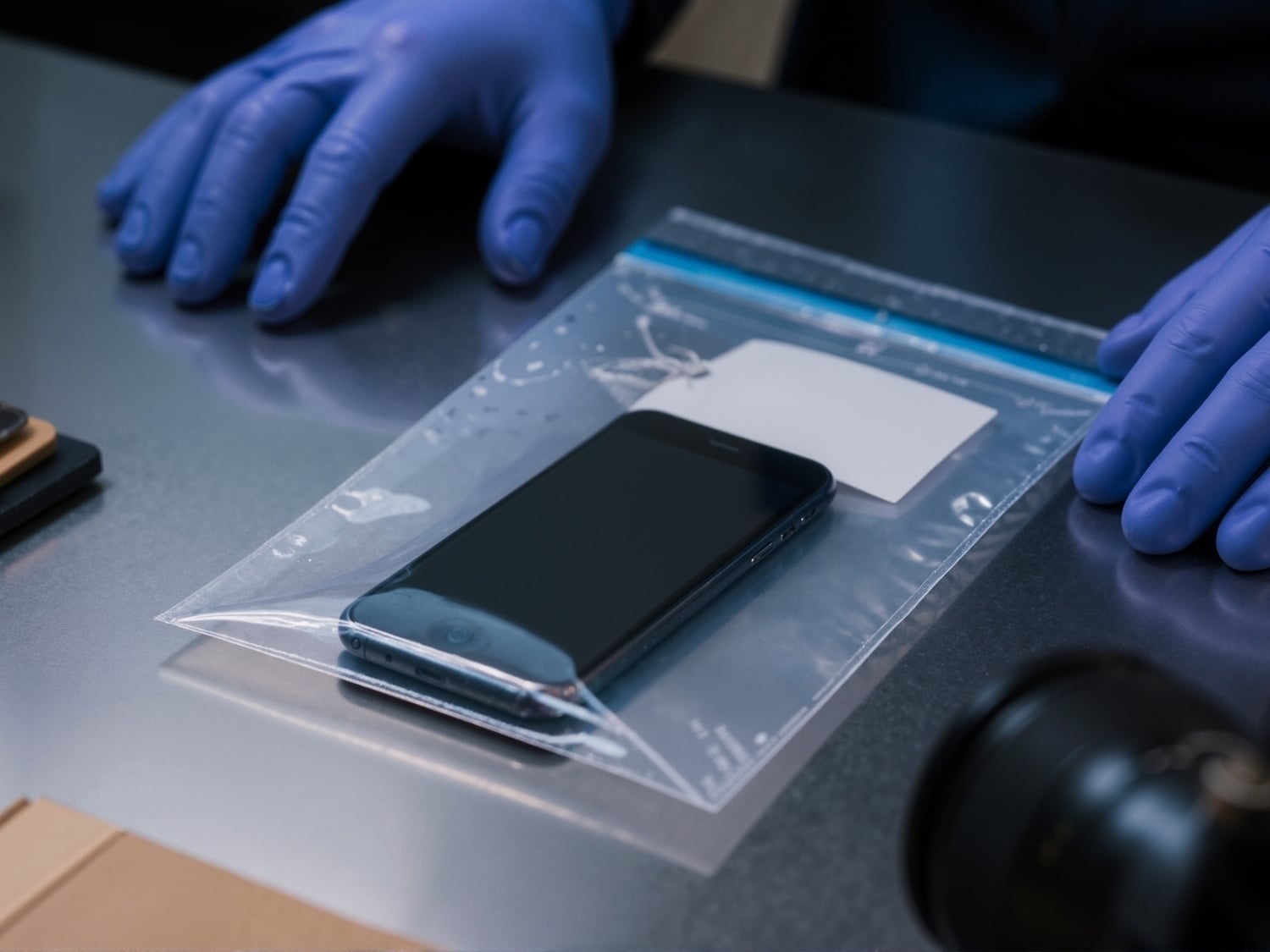 phone wrapped in bag and digital forensics worker